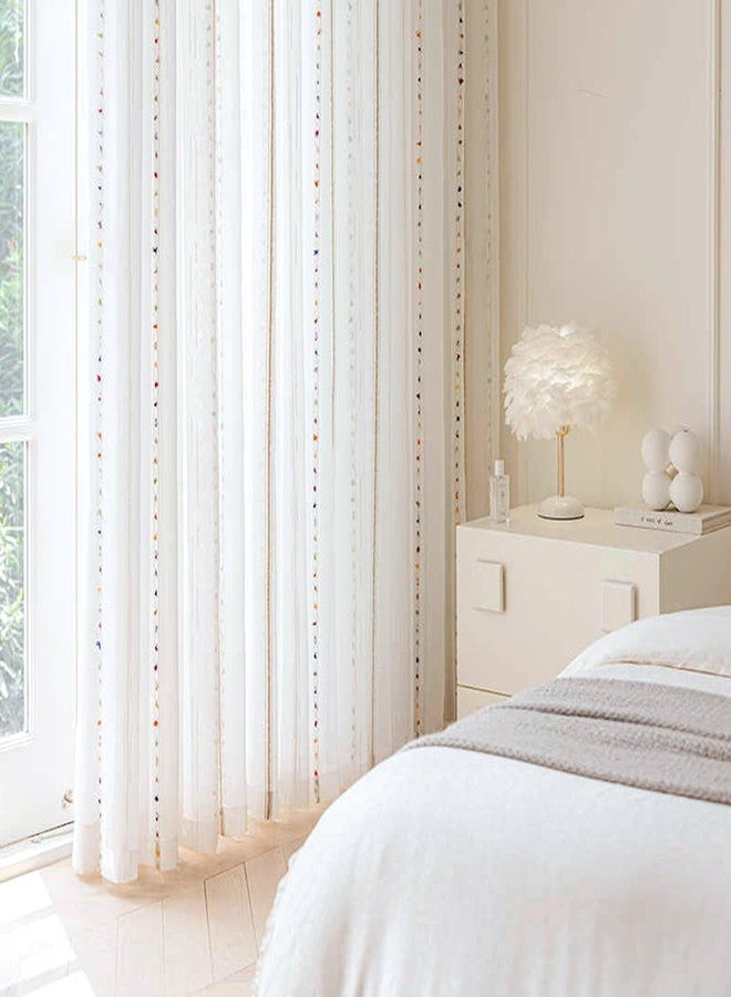 SUOUO Colorful Embroidered Striped Boho White Sheer Curtains for Living Room 96 inches Long 2 Panels Rod Pocket Light Filtering Window Drapes for Bedroom Dining - Image 3